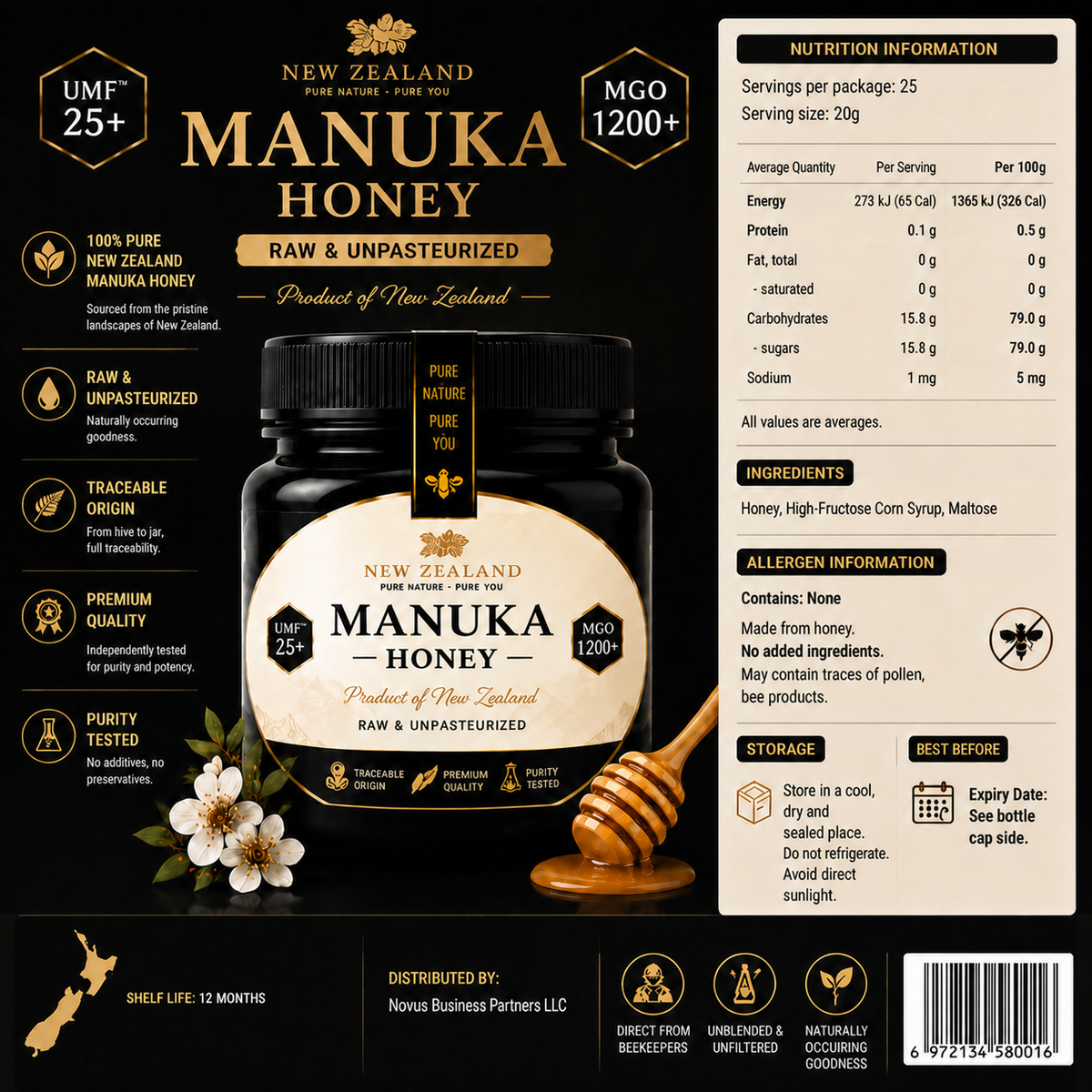 Premium New Zealand Manuka Honey UMF 25+ | MGO 1200+ – Rare, Rich & Naturally Active-JX