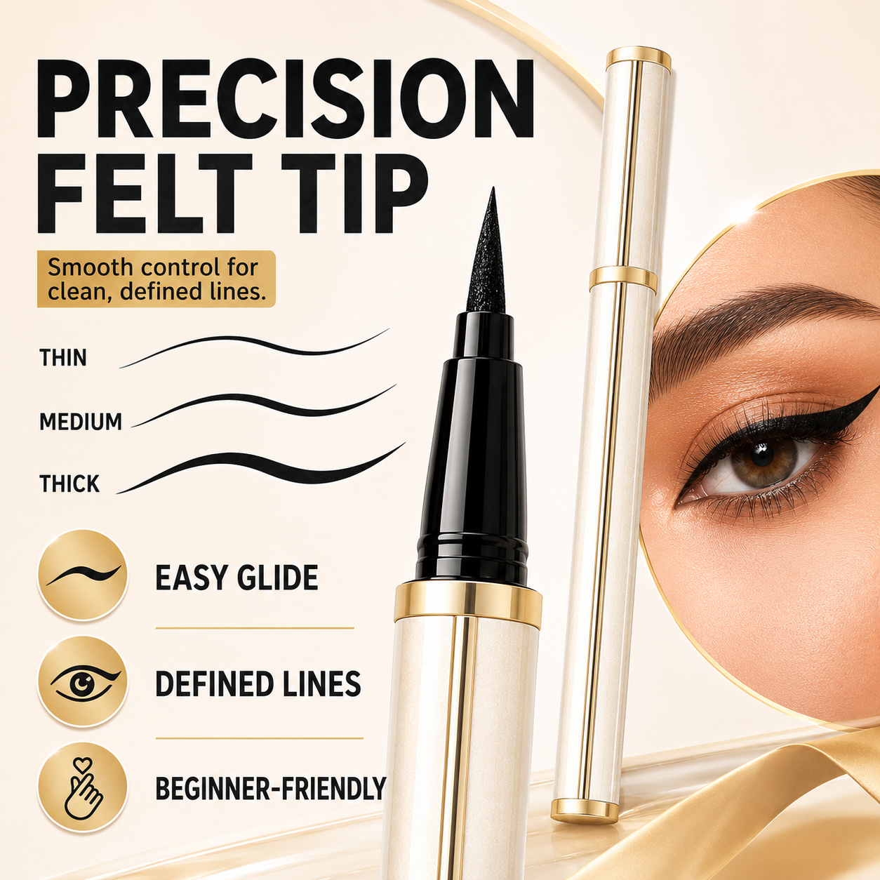 Precision felt tip for thin medium and thick eyeliner lines