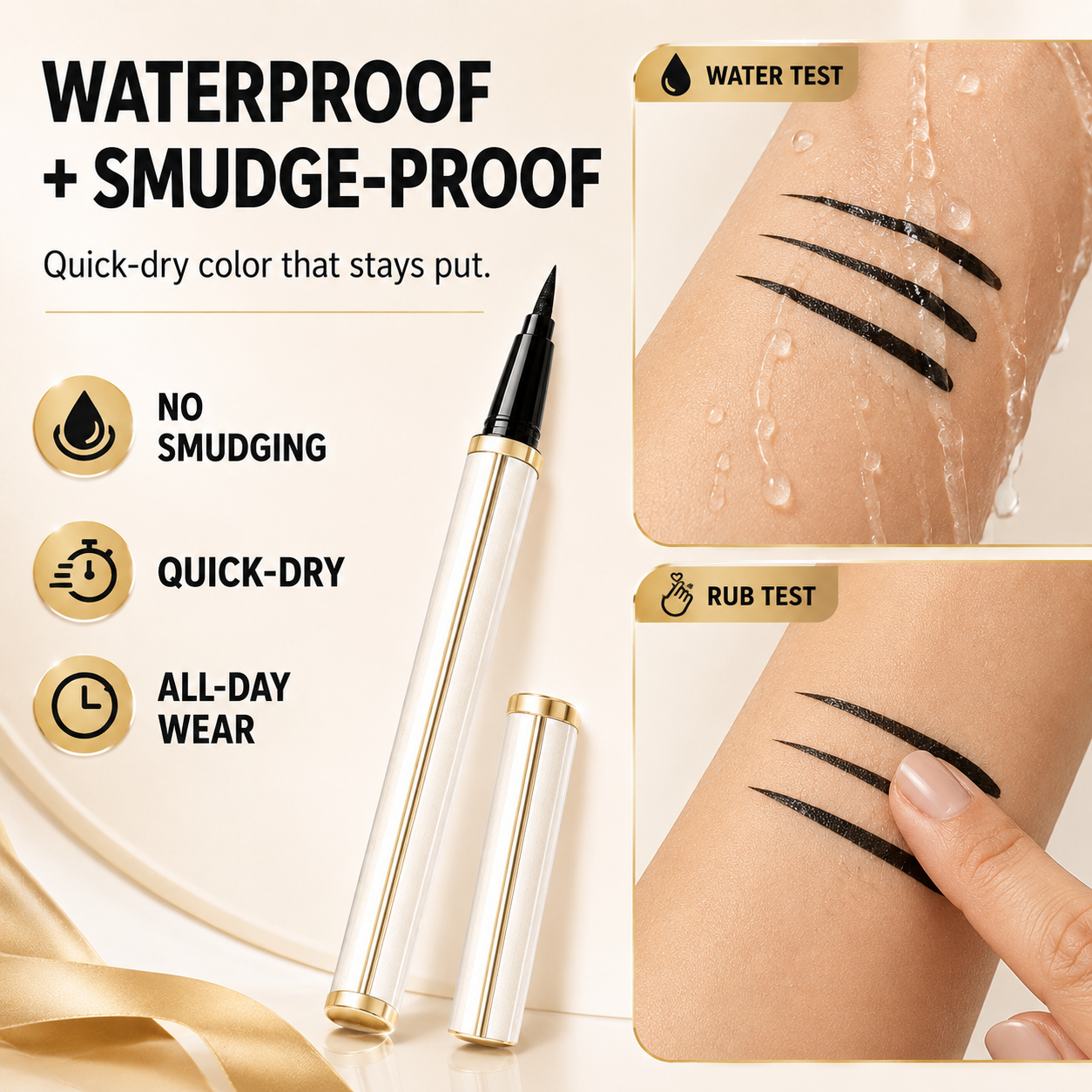 Waterproof and smudge-proof eyeliner water and rub tests