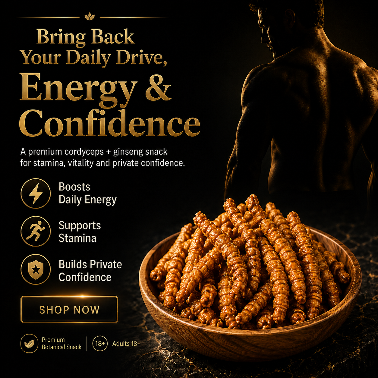 Cordyceps + Ginseng Men’s Vitality Bites – Daily Energy, Stamina & Confidence Support-JX