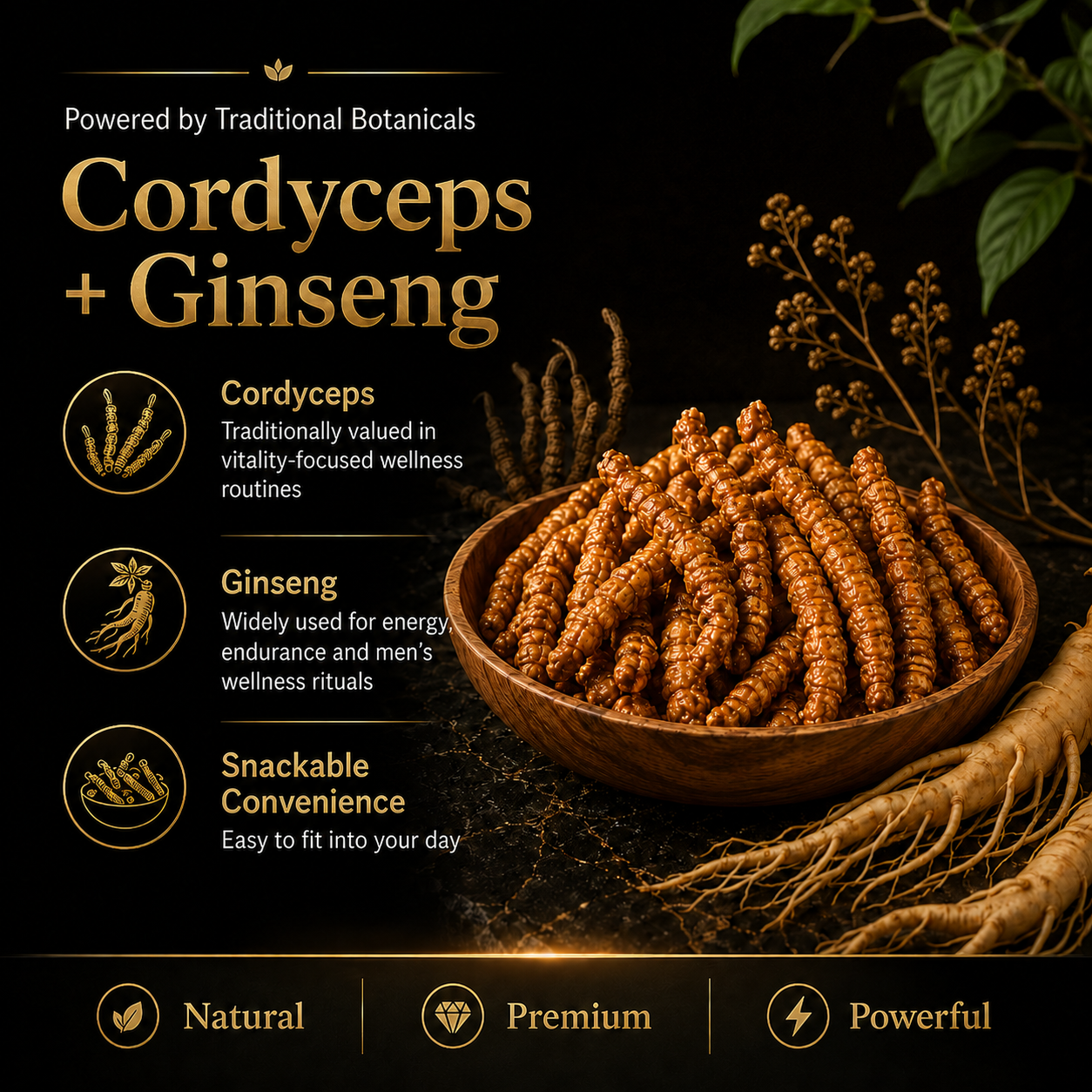 Cordyceps + Ginseng Men’s Vitality Bites – Daily Energy, Stamina & Confidence Support-JX